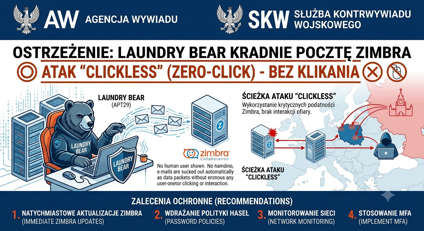 LAUNDRY BEAR kradnie pocztę Zimbra bez klikania. Polska AW i SKW współtworzą ostrzeżenie