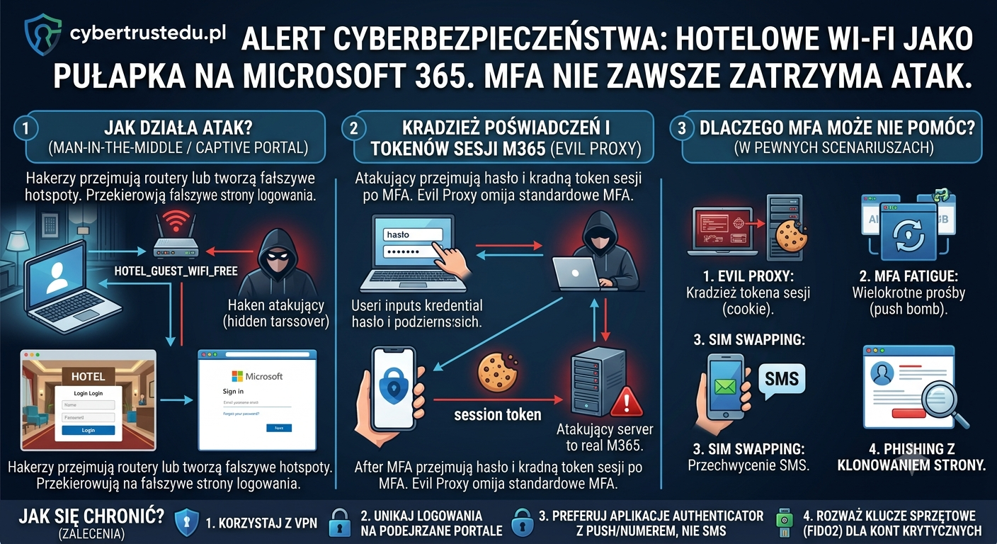 Przejęte hotelowe Wi‑Fi wykrada konta Microsoft 365. MFA nie zawsze zatrzyma atak